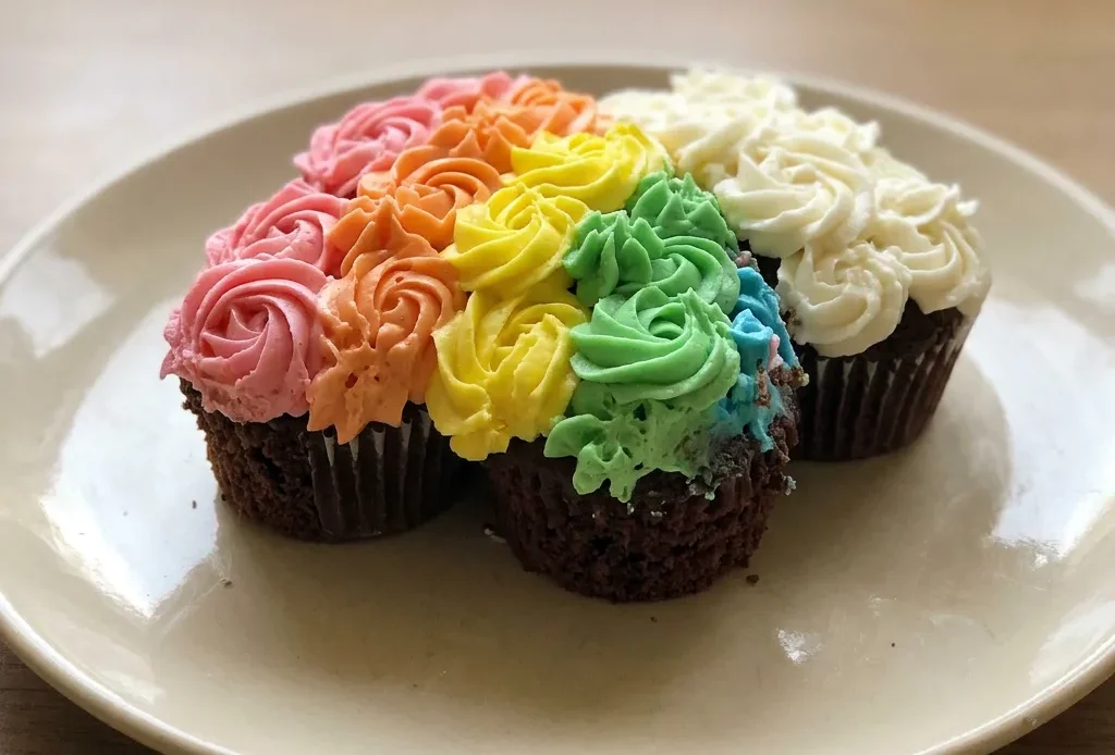 Looking down at a rainbow cupcake cake with concentric rings of pink, yellow, green, and blue frosting, each topped with a white swirl.
