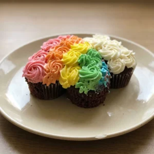 Looking down at a rainbow cupcake cake with concentric rings of pink, yellow, green, and blue frosting, each topped with a white swirl.