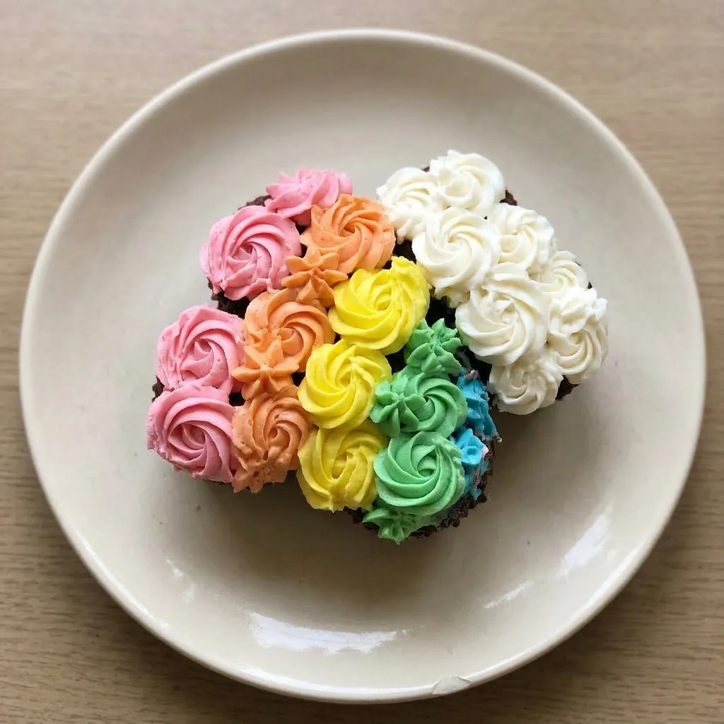 A plate of rainbow cupcake cake shows a wedge with vertical stripes of pink, yellow, green, and blue, topped with white frosting.