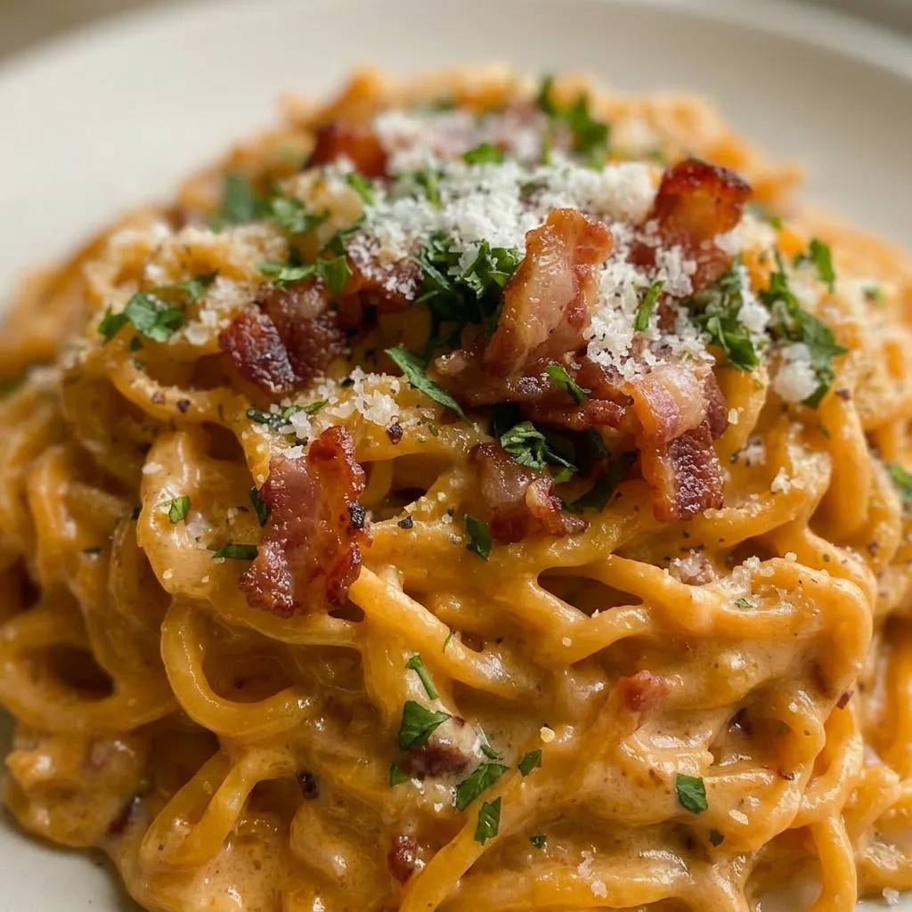 Macro detail of ramen noodles coated in egg and parmesan sauce, with crispy bacon crumbles and a smear of gochujang, topped with herb leaves.