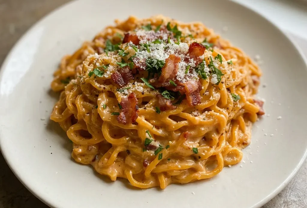 Top-down look at ramen noodles in a creamy sauce with bacon bits, grated parmesan, and a drizzle of gochujang, garnished with fresh herbs.