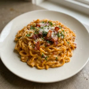 Top-down look at ramen noodles in a creamy sauce with bacon bits, grated parmesan, and a drizzle of gochujang, garnished with fresh herbs.
