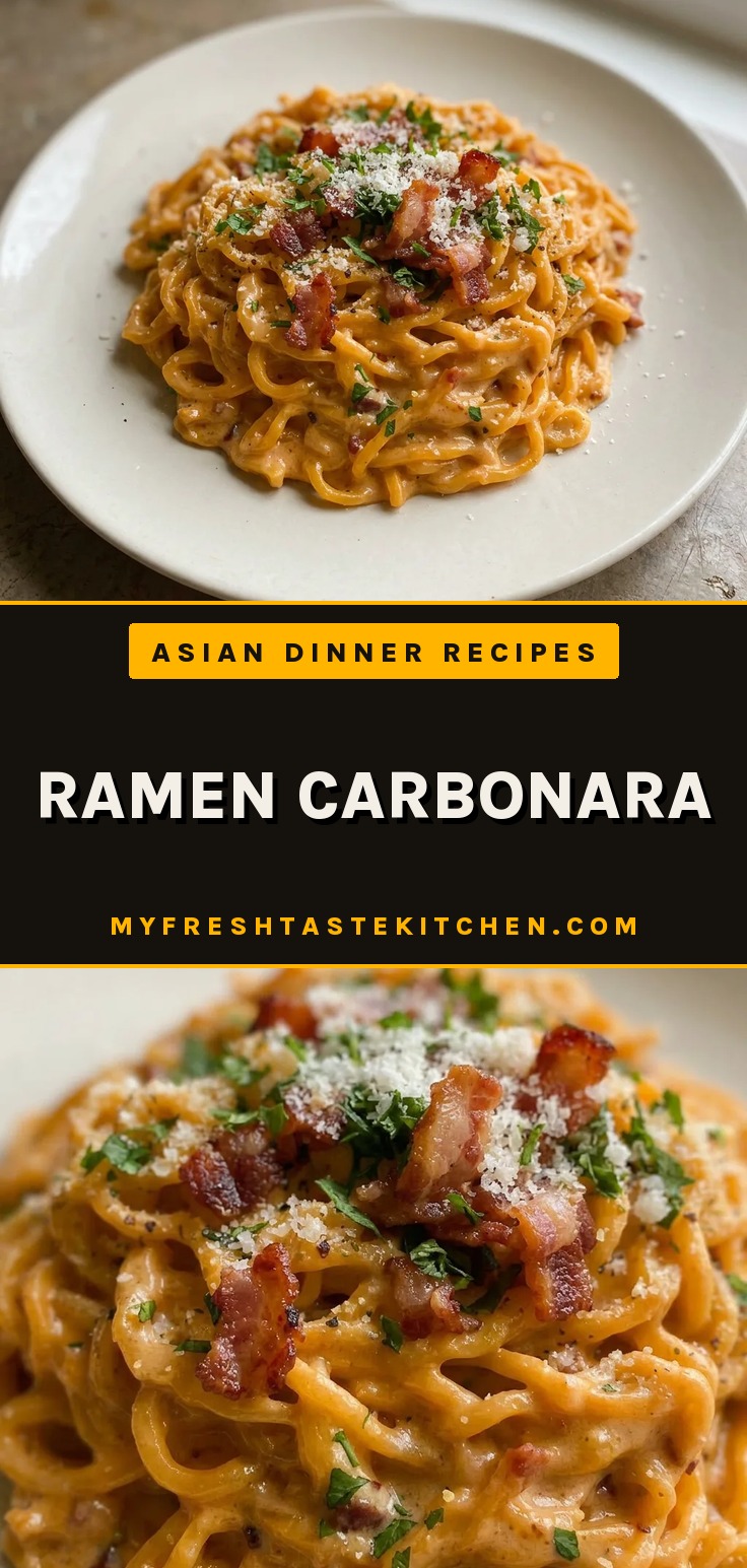 Top-down look at ramen noodles in a creamy sauce with bacon bits, grated parmesan, and a drizzle of gochujang, garnished with fresh herbs.