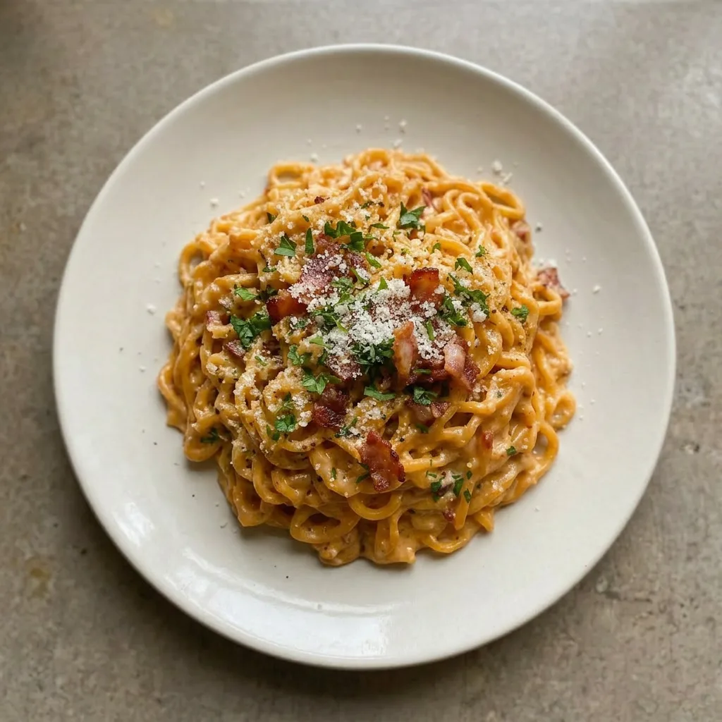 A serving of ramen carbonara with thick noodles, bacon lardons, parmesan shavings, and a swirl of gochujang, finished with fresh herbs.