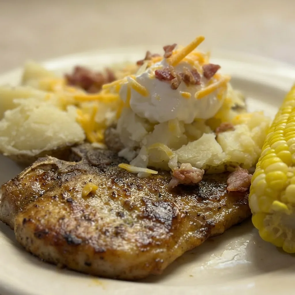 Zoomed in on a pork chop with a crust of ranch seasoning and paprika, showing a browned sear and juicy interior.
