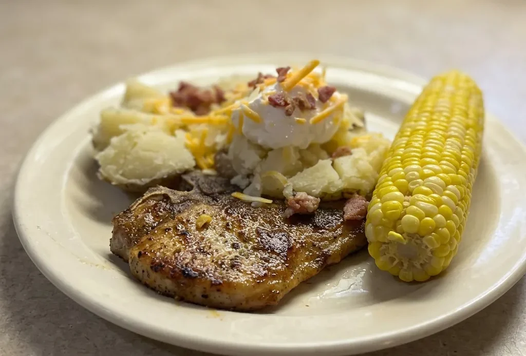 Bird's-eye view of two pork chops seasoned with dark speckles and red paprika, arranged side by side.