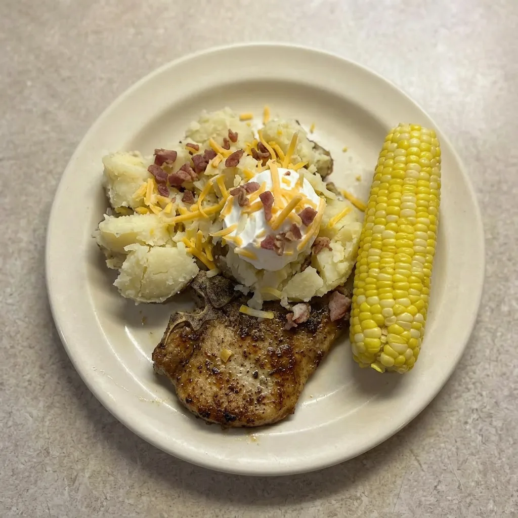 Ready to serve: a single pork chop with visible ranch seasoning and paprika, photographed from a low angle.