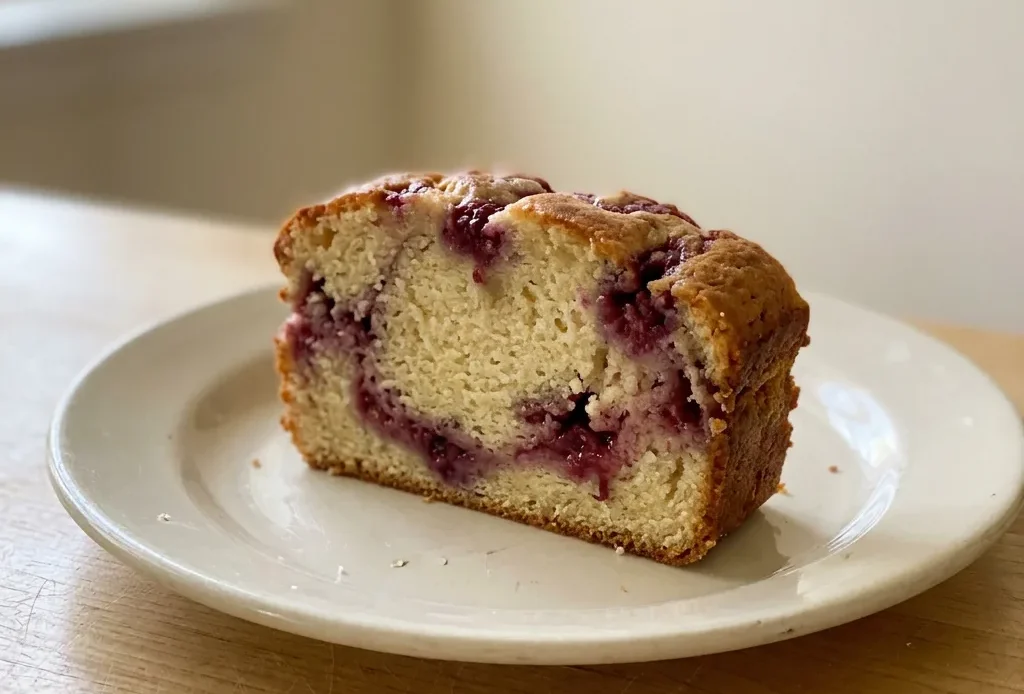 Bird's-eye view of a slice of raspberry swirl cream cheese pound cake on a white plate, with visible raspberry and cream cheese swirls.