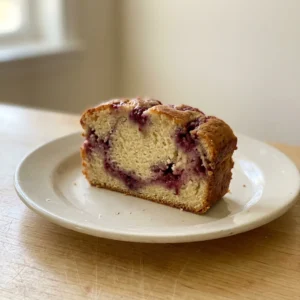 Bird's-eye view of a slice of raspberry swirl cream cheese pound cake on a white plate, with visible raspberry and cream cheese swirls.