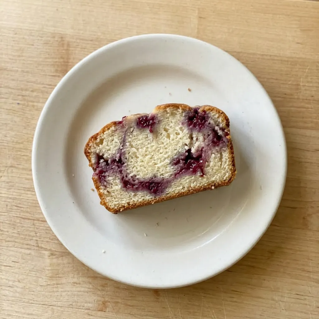 Ready to serve: a slice of raspberry swirl cream cheese pound cake with fresh raspberries on top, placed on a plate.