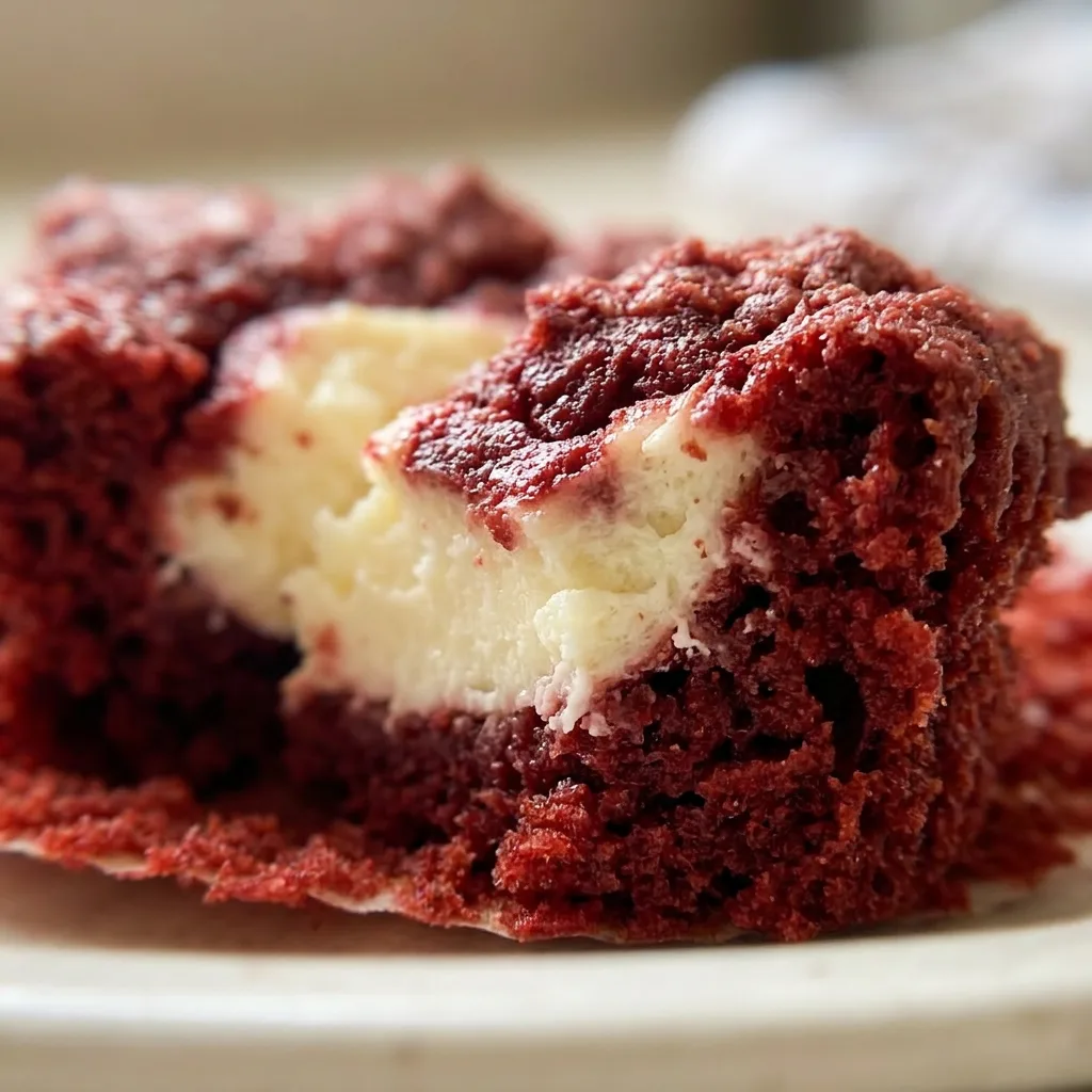 Close view of a red velvet muffin with a cream cheese swirl, visible cocoa specks and red crumbs on the top.