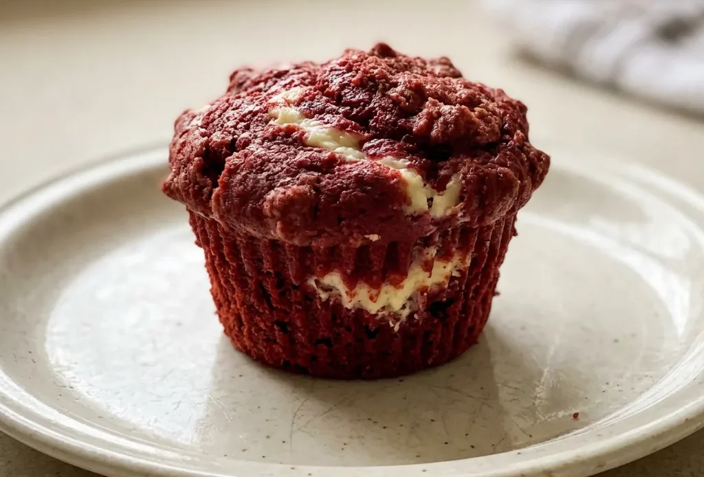 Overhead shot of three red velvet cream cheese muffins on a cooling rack, each topped with a white cream cheese swirl and red crumbs.