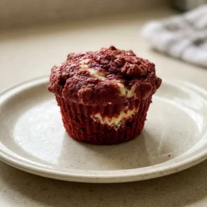 Overhead shot of three red velvet cream cheese muffins on a cooling rack, each topped with a white cream cheese swirl and red crumbs.