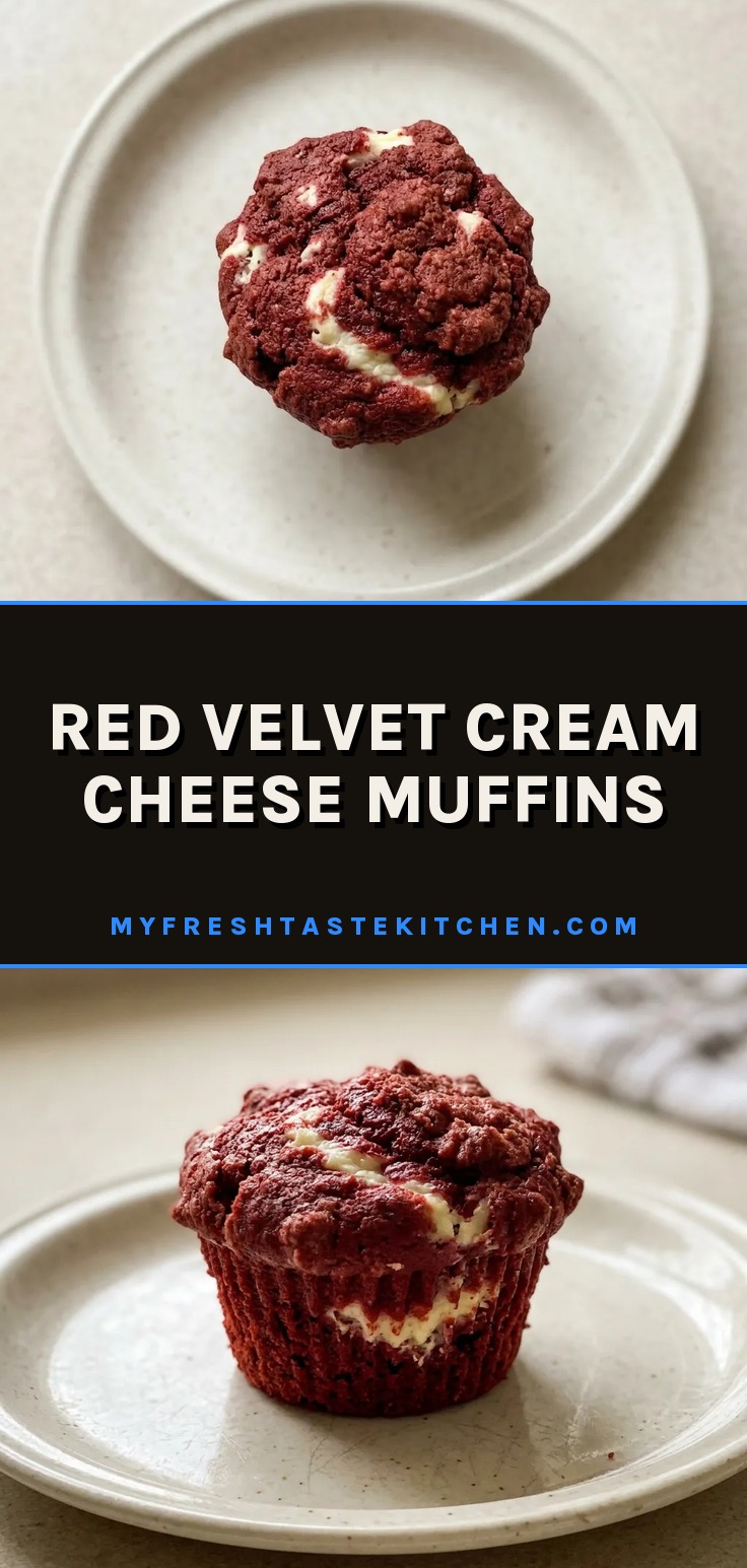 Overhead shot of three red velvet cream cheese muffins on a cooling rack, each topped with a white cream cheese swirl and red crumbs.