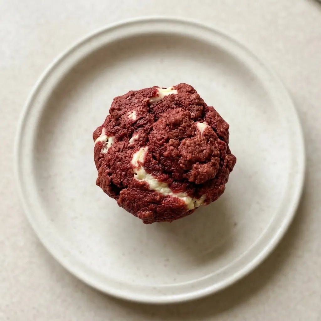 Plated muffin with a cream cheese swirl and red crumbs on top, garnished with a few red velvet cake crumbs.