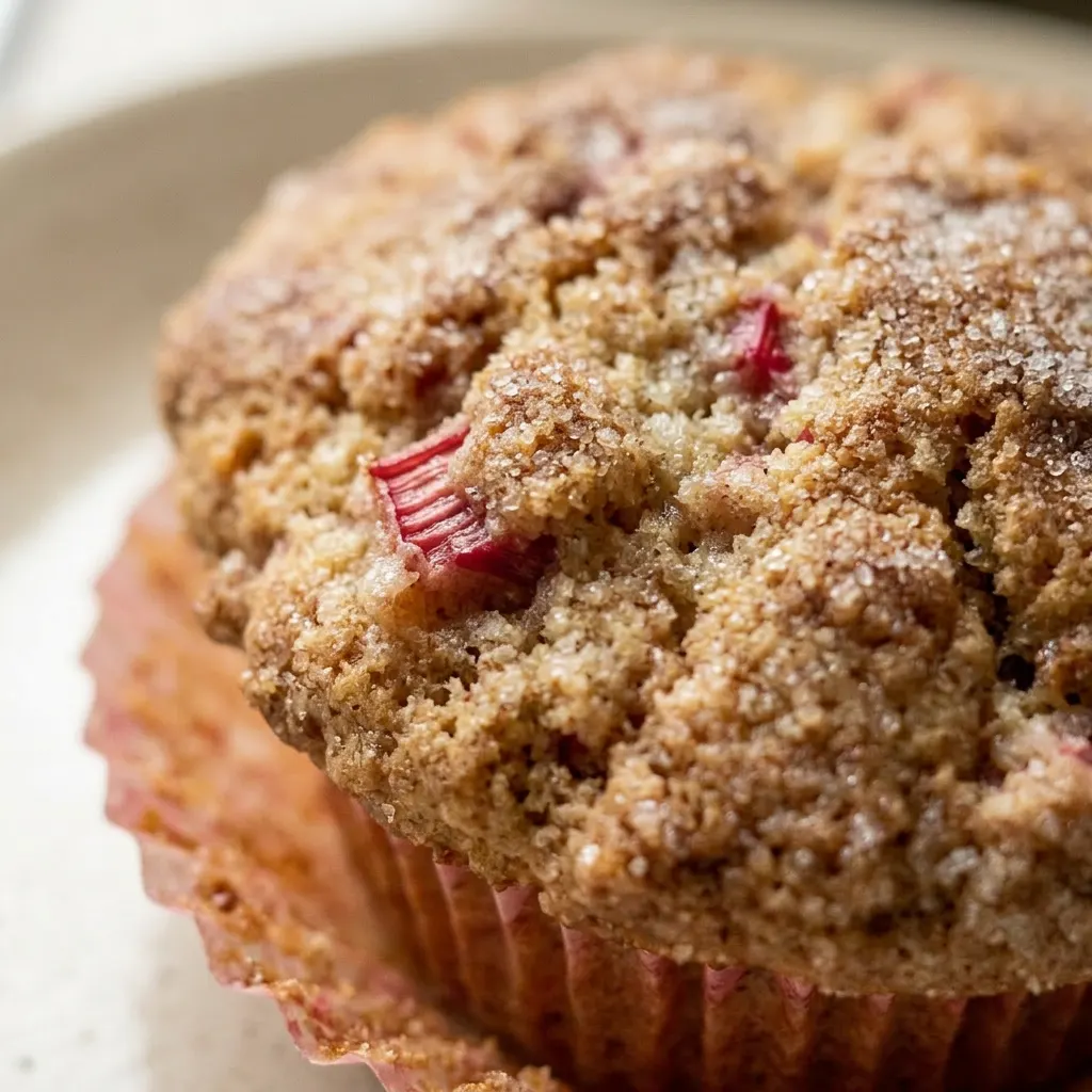 Up close, a muffin with visible rhubarb chunks, Greek yogurt, and a dusting of cinnamon.