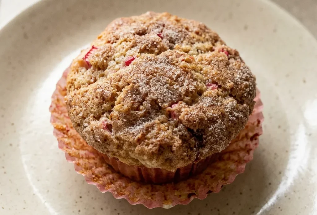 Looking down at two rhubarb muffins with Greek yogurt dollops and cinnamon swirls on top.