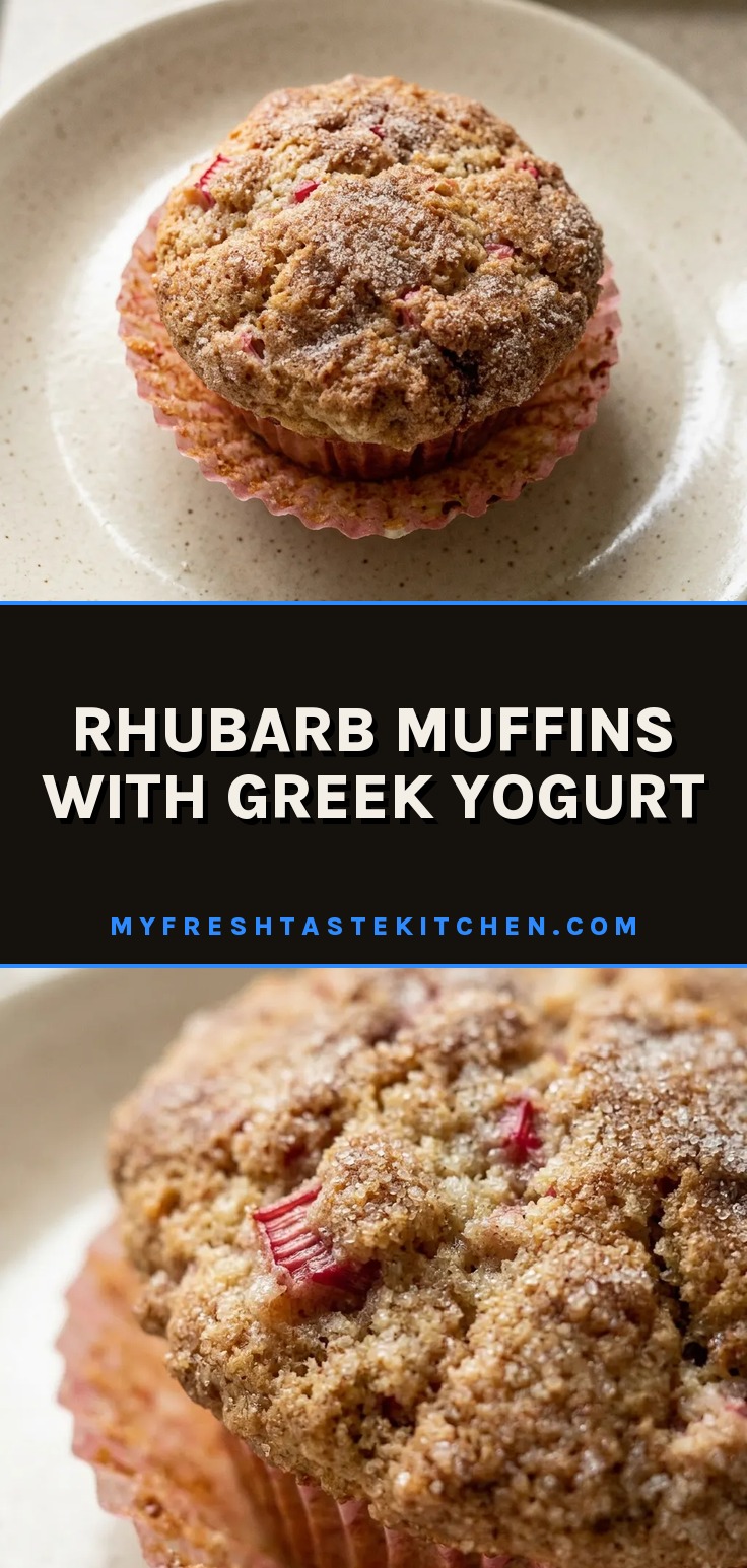 Looking down at two rhubarb muffins with Greek yogurt dollops and cinnamon swirls on top.