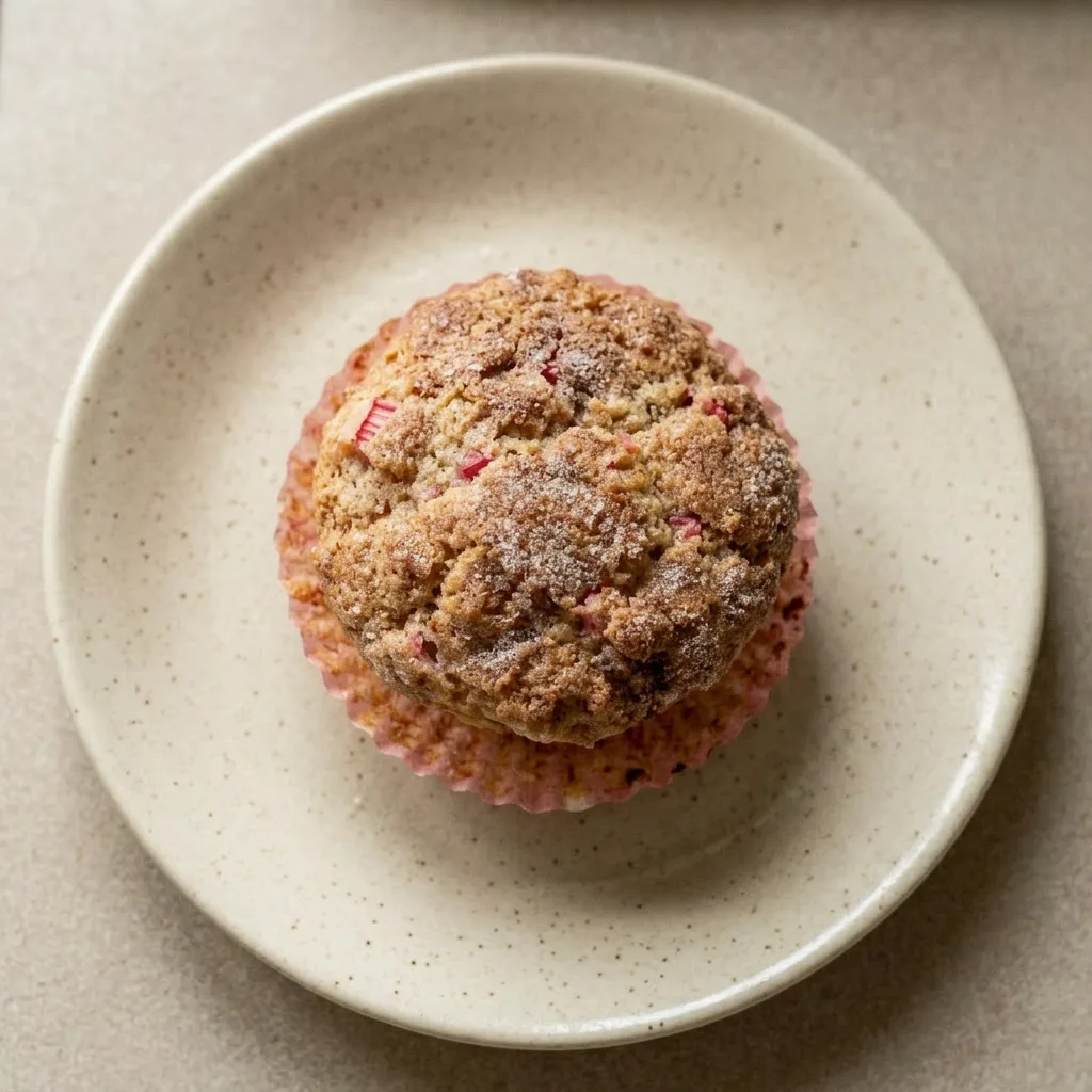 A plate of rhubarb muffins topped with Greek yogurt and cinnamon.