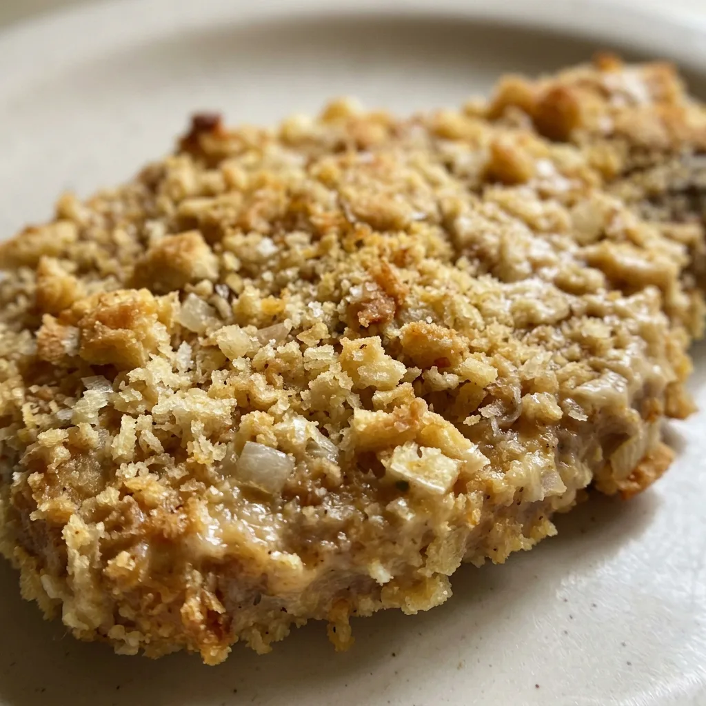 Close view of a single pork chop showing crispy Ritz cracker and panko coating with a dollop of mayonnaise.