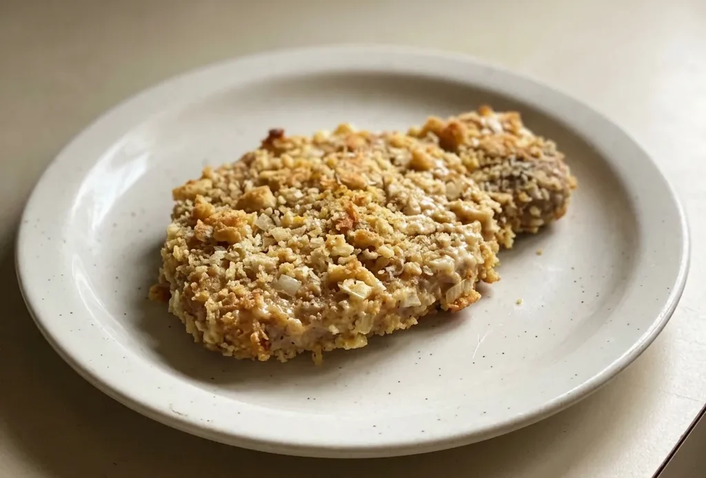 Overhead shot of two breaded pork chops with golden Ritz cracker and panko crust, topped with mayonnaise.