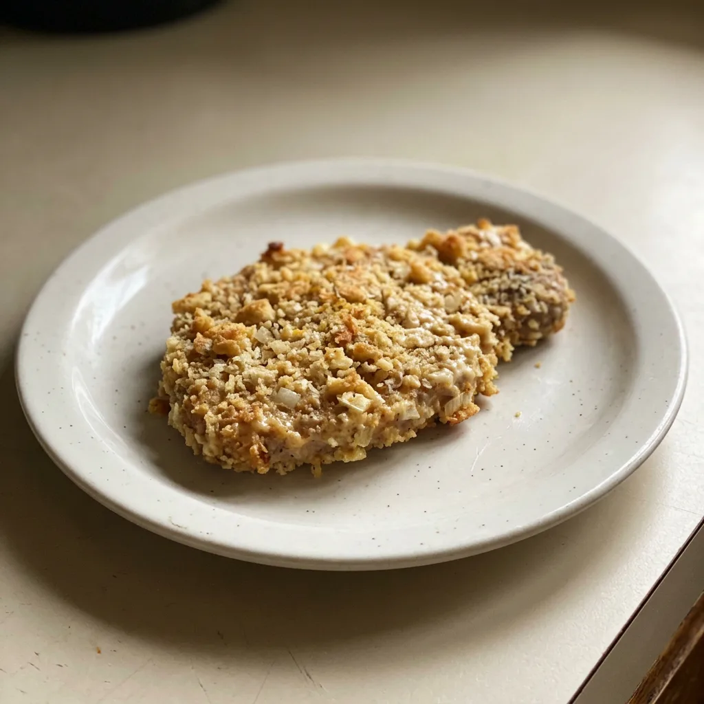 Overhead shot of two breaded pork chops with golden Ritz cracker and panko crust, topped with mayonnaise.