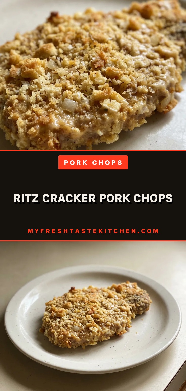 Overhead shot of two breaded pork chops with golden Ritz cracker and panko crust, topped with mayonnaise.