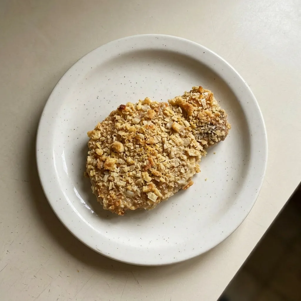 Plated pork chops with crunchy Ritz and panko crust, garnished with mayonnaise.