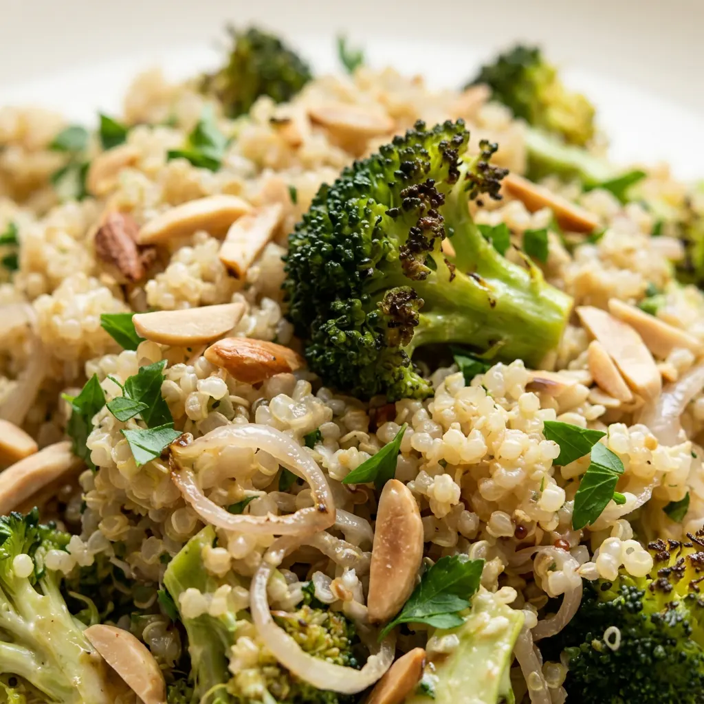 Macro detail of roasted broccoli and quinoa with shallot, parsley, and almonds, drizzled with dressing.