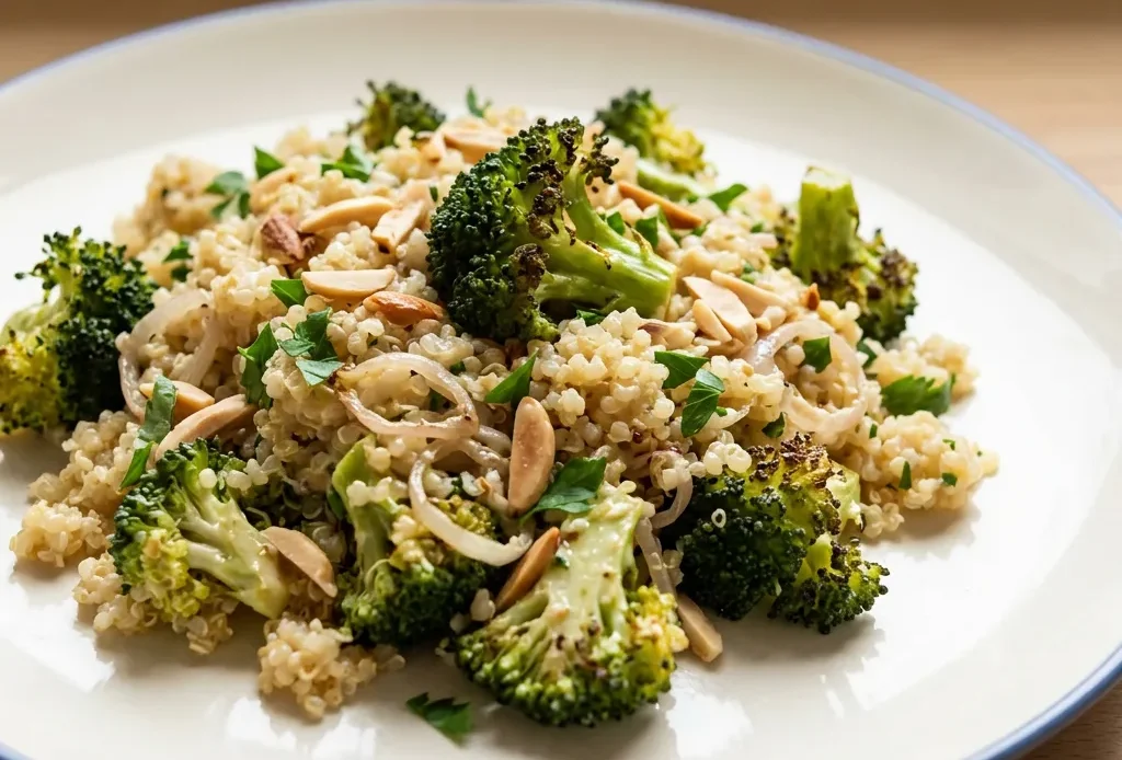 Top-down look at quinoa and broccoli salad with sliced almonds, parsley, and lemon wedges.