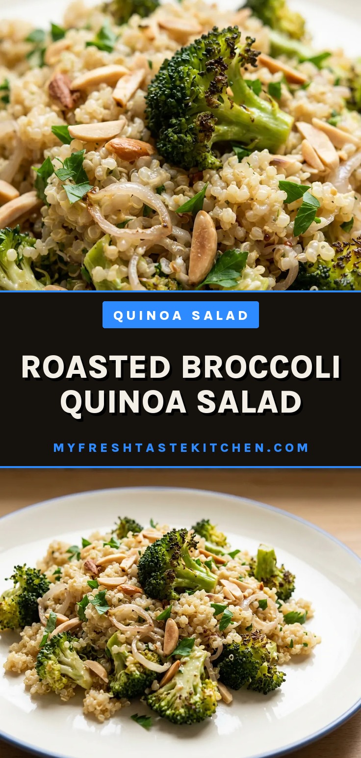 Top-down look at quinoa and broccoli salad with sliced almonds, parsley, and lemon wedges.
