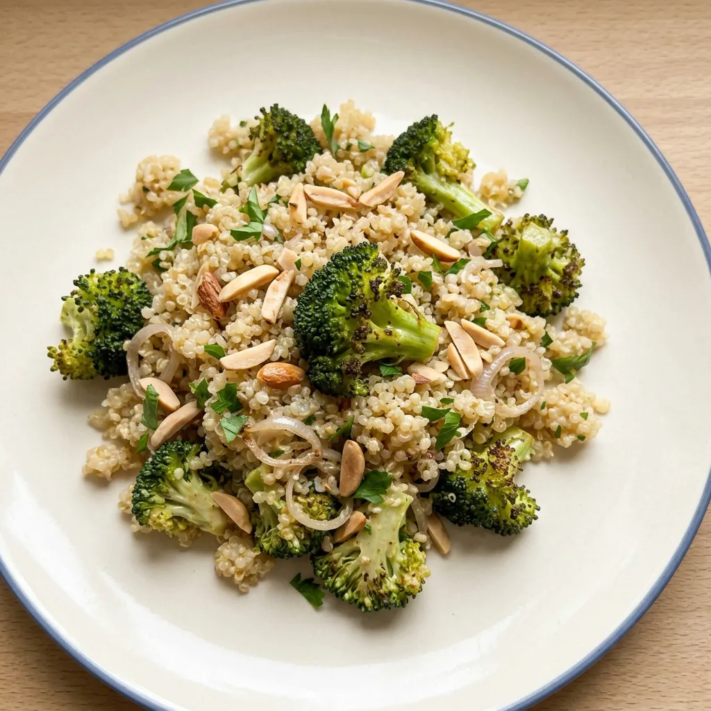 A serving of quinoa salad topped with roasted broccoli, shallot, almonds, and parsley, with lemon and mustard dressing.
