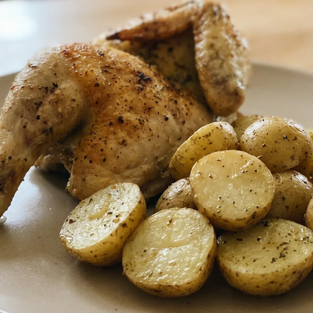 Macro detail of a roasted half chicken with crispy skin, garnished with a lemon wedge and fresh thyme, paprika speckled on the surface.