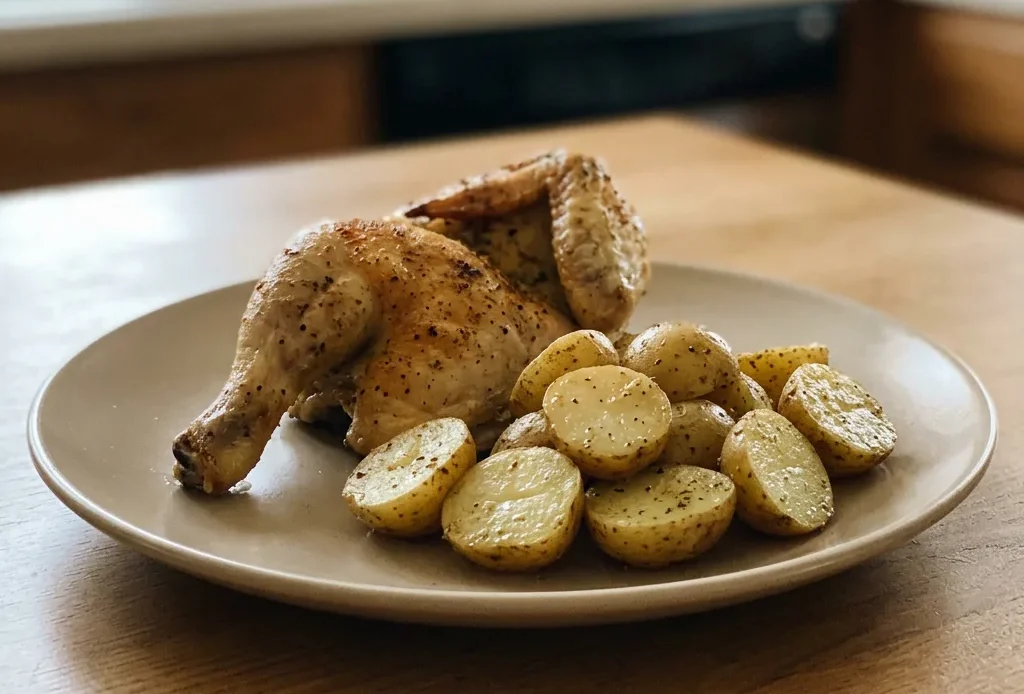 Top-down look at a roasted half chicken with lemon slices and thyme sprigs, surrounded by baby potatoes and garlic cloves, seasoned with paprika.