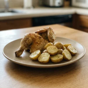 Top-down look at a roasted half chicken with lemon slices and thyme sprigs, surrounded by baby potatoes and garlic cloves, seasoned with paprika.