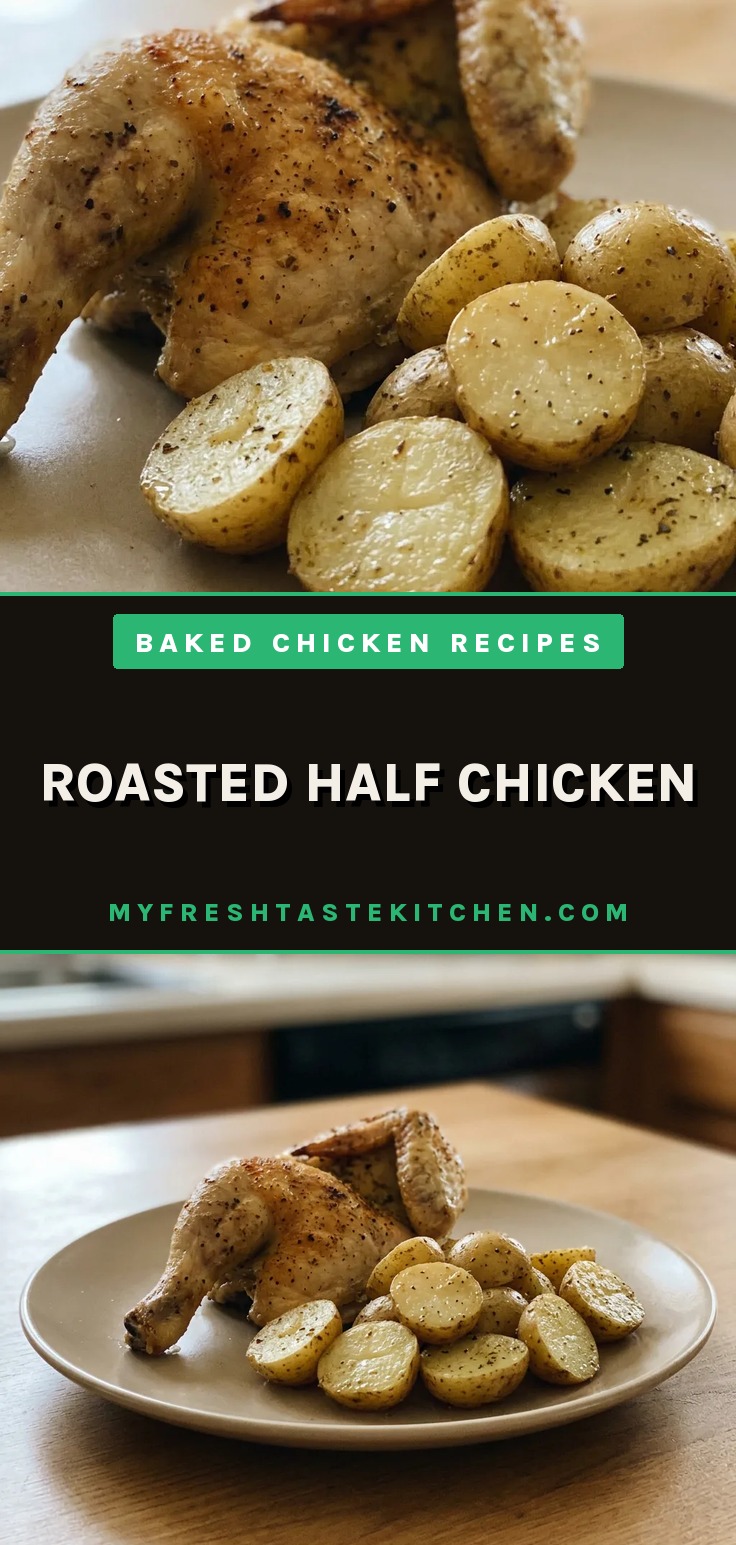 Top-down look at a roasted half chicken with lemon slices and thyme sprigs, surrounded by baby potatoes and garlic cloves, seasoned with paprika.