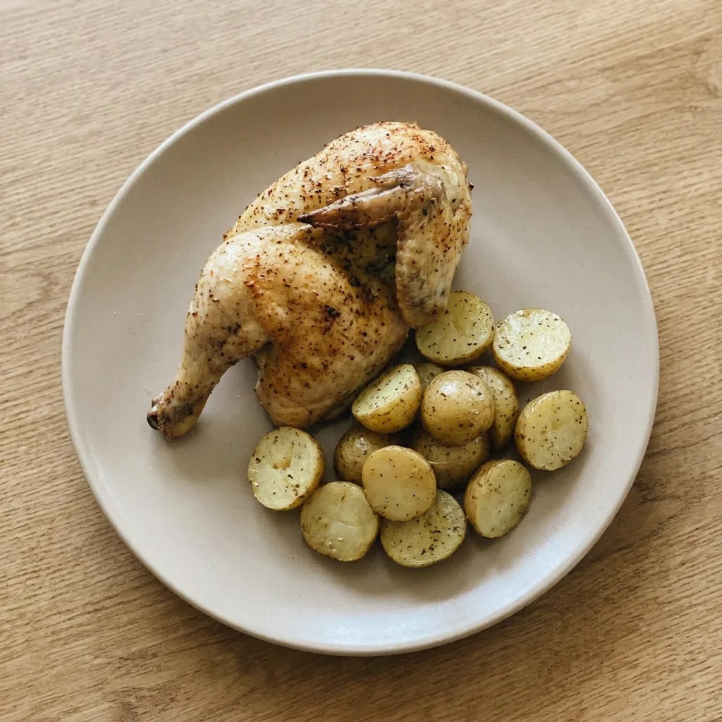 A serving of roasted half chicken with lemon, thyme, and garlic, accompanied by paprika-seasoned baby potatoes.