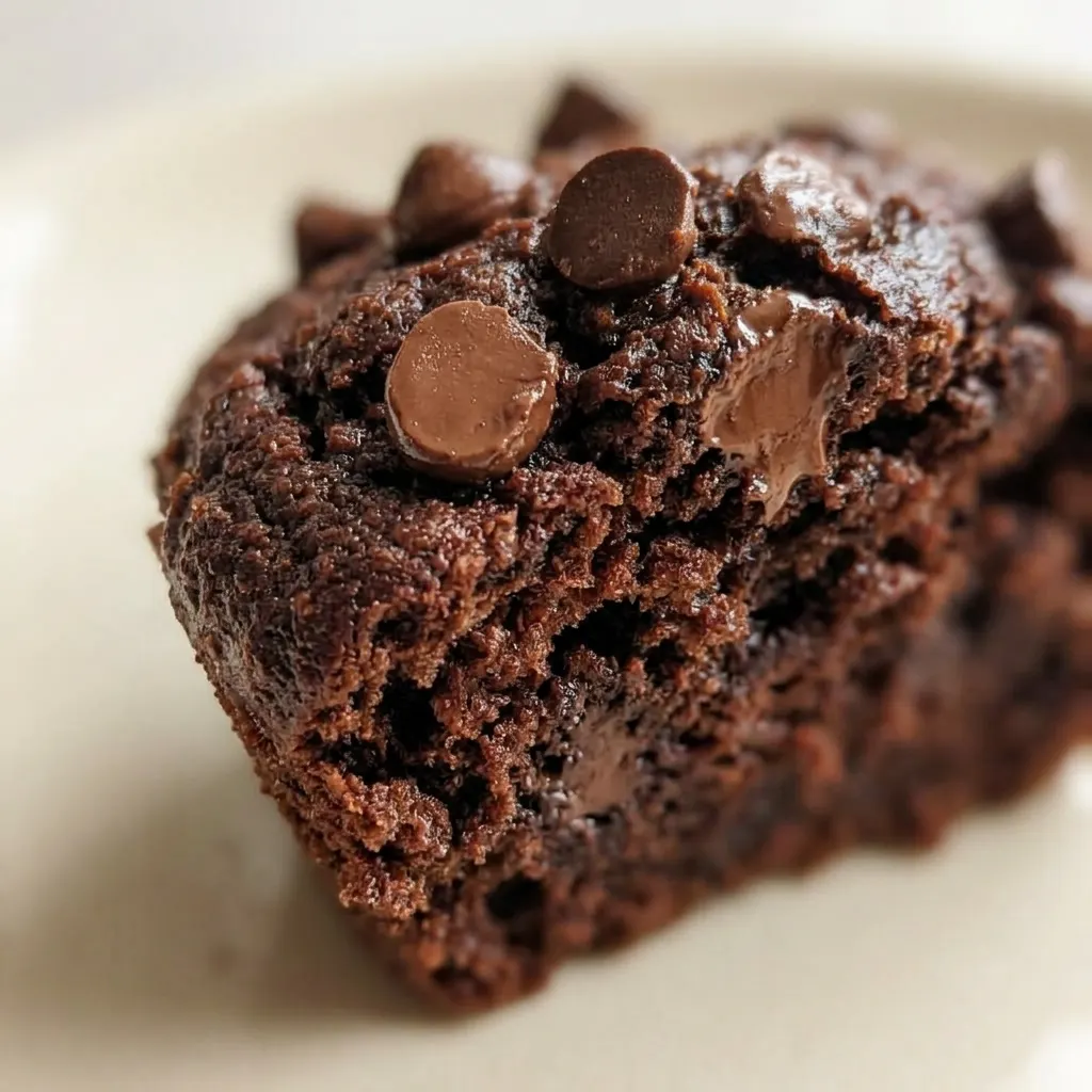 Close view of a chocolate muffin with visible chocolate chips and a soft crumb texture.