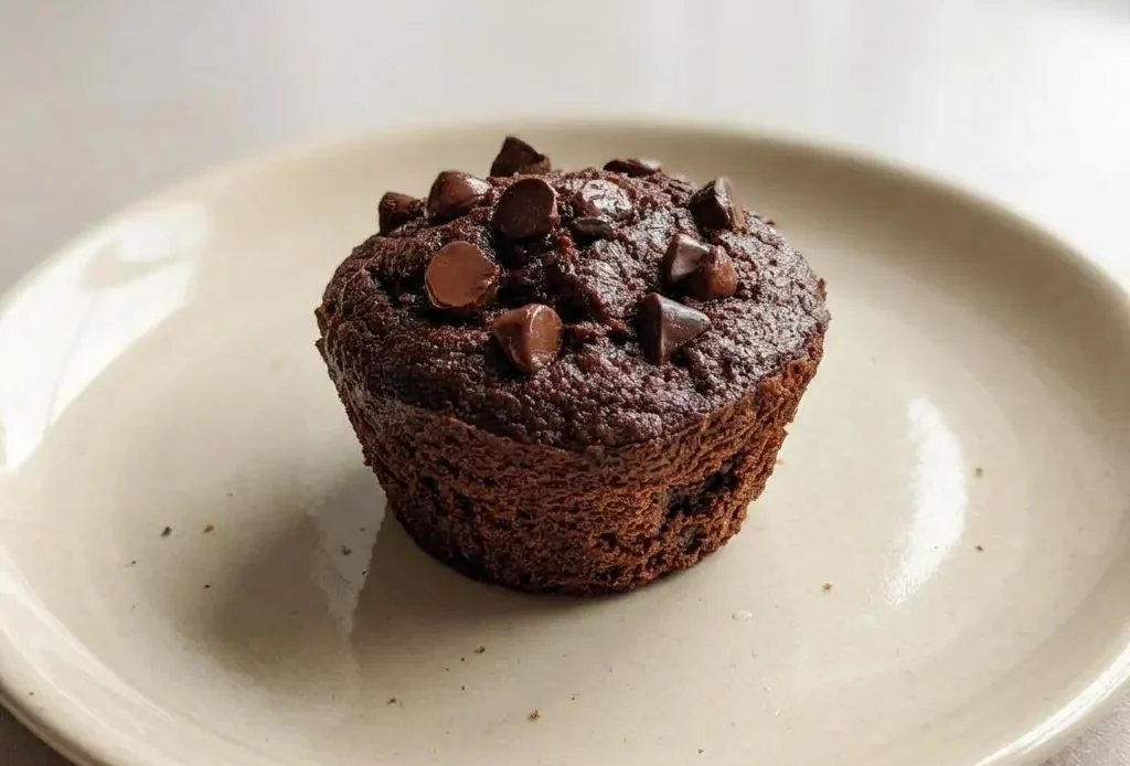 Overhead shot of a chocolate muffin with a domed top studded with chocolate chips on a dark surface.