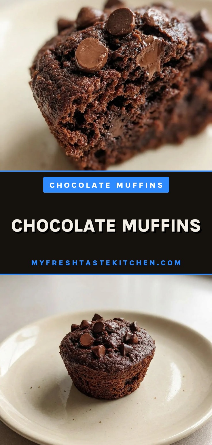 Overhead shot of a chocolate muffin with a domed top studded with chocolate chips on a dark surface.