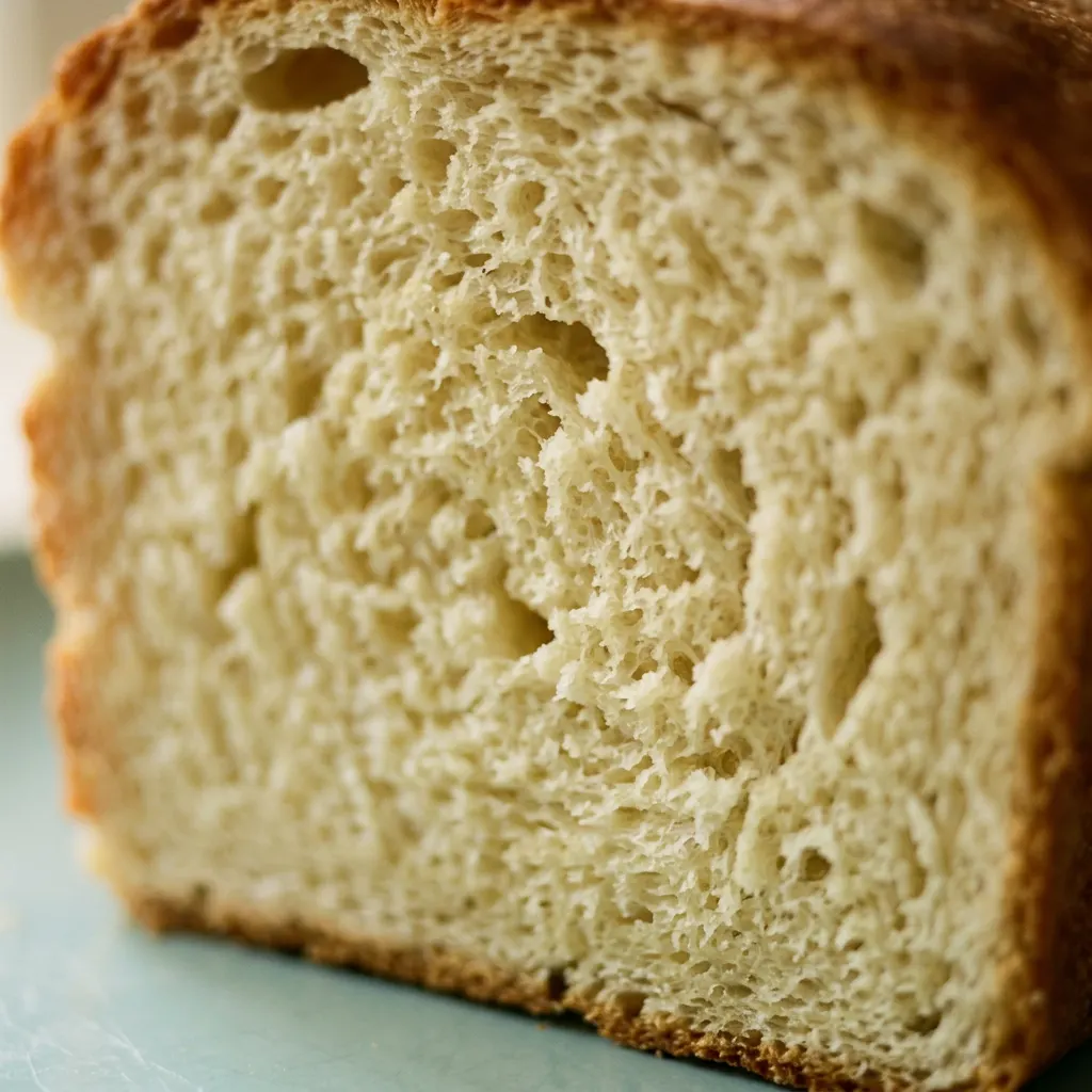 Close view of a slice of bread with a soft crumb, spread with butter, and a glossy sheen.
