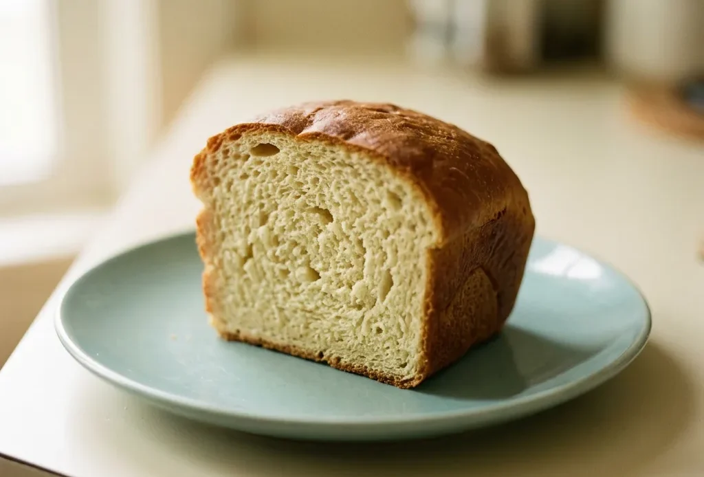 Overhead shot of a golden-brown round loaf with a cracked top, drizzled with melted butter.
