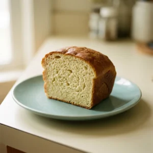 Overhead shot of a golden-brown round loaf with a cracked top, drizzled with melted butter.