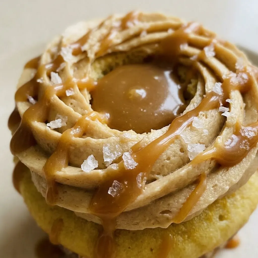 Zoomed in on a single salted caramel cupcake, its vanilla cake visible beneath a thick layer of caramel buttercream, drizzled with salted caramel and finished with flaky sea salt.