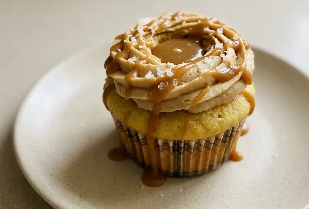 Bird's-eye view of three salted caramel cupcakes on a white cake stand, each topped with swirls of caramel buttercream and a sprinkle of flaky sea salt.