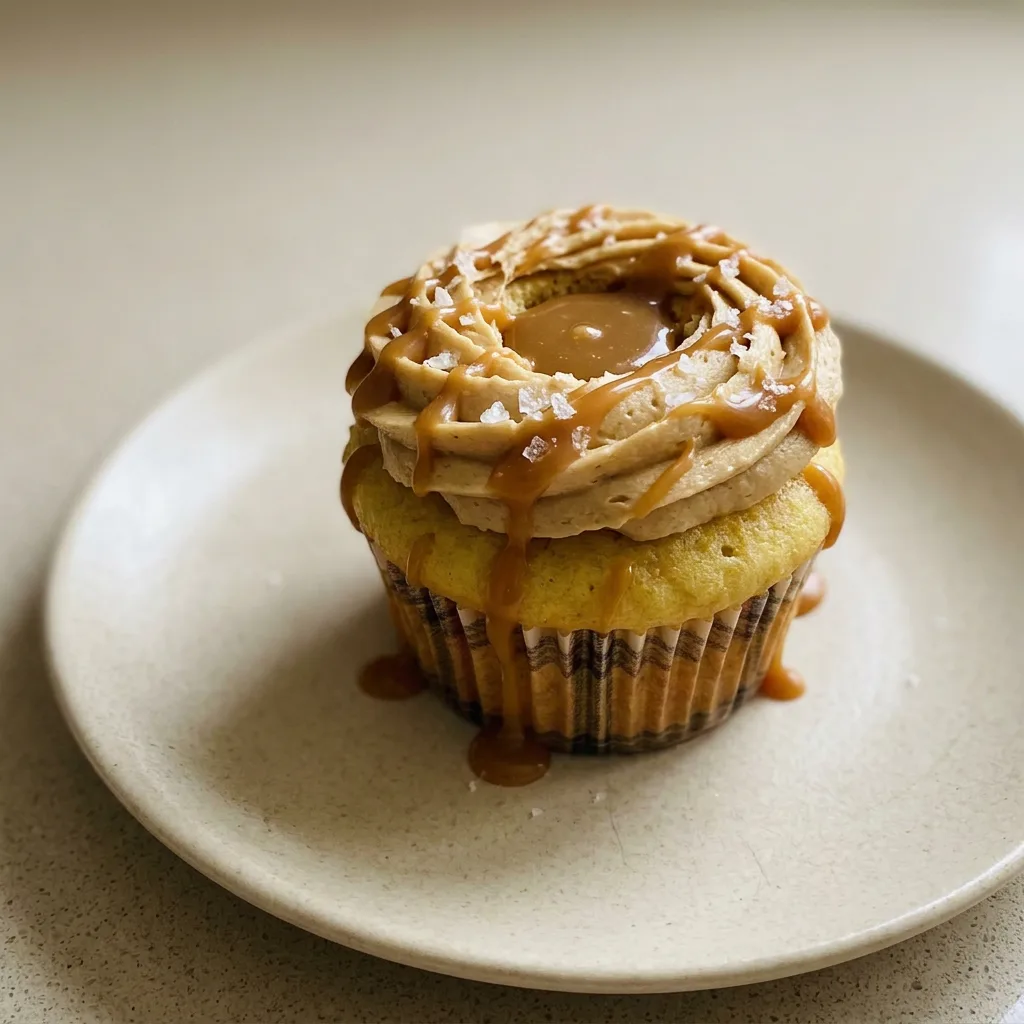 Bird's-eye view of three salted caramel cupcakes on a white cake stand, each topped with swirls of caramel buttercream and a sprinkle of flaky sea salt.
