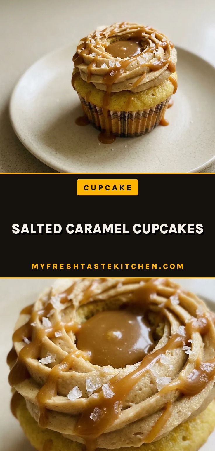 Bird's-eye view of three salted caramel cupcakes on a white cake stand, each topped with swirls of caramel buttercream and a sprinkle of flaky sea salt.