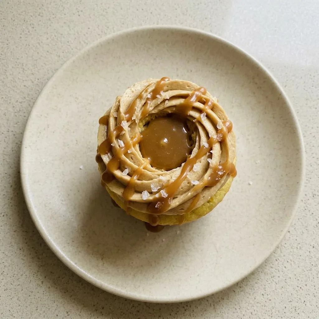 Ready to serve: a trio of salted caramel cupcakes with caramel buttercream frosting, salted caramel drizzle, and a garnish of flaky sea salt.
