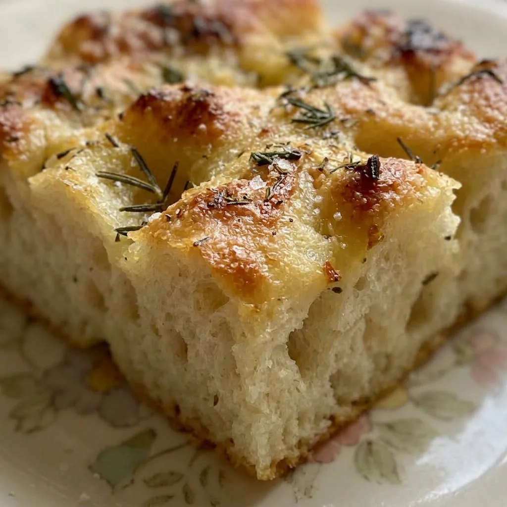 Macro detail of a focaccia slice showing a porous crumb, crispy edge, and rosemary needles embedded in the oily surface.
