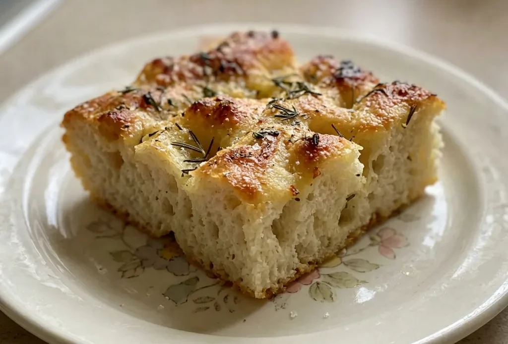 Top-down look at a round focaccia topped with rosemary leaves and coarse salt, golden brown with olive oil sheen.